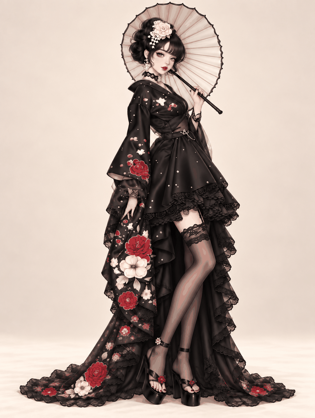黒薔薇と和傘のレイヤード着物ドレスの着用例