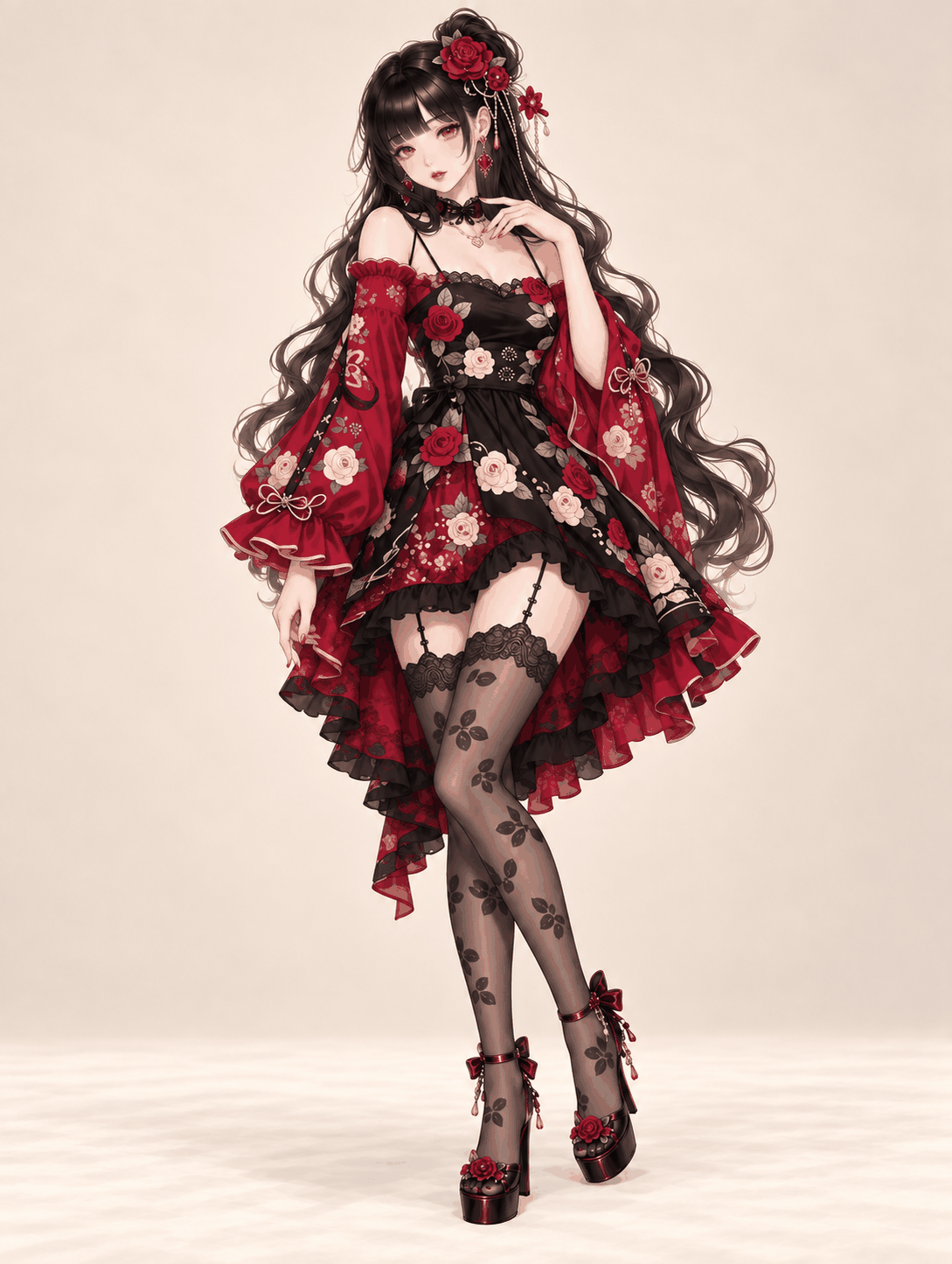 紅薔薇と黒レースのチャイナドレスの着用例