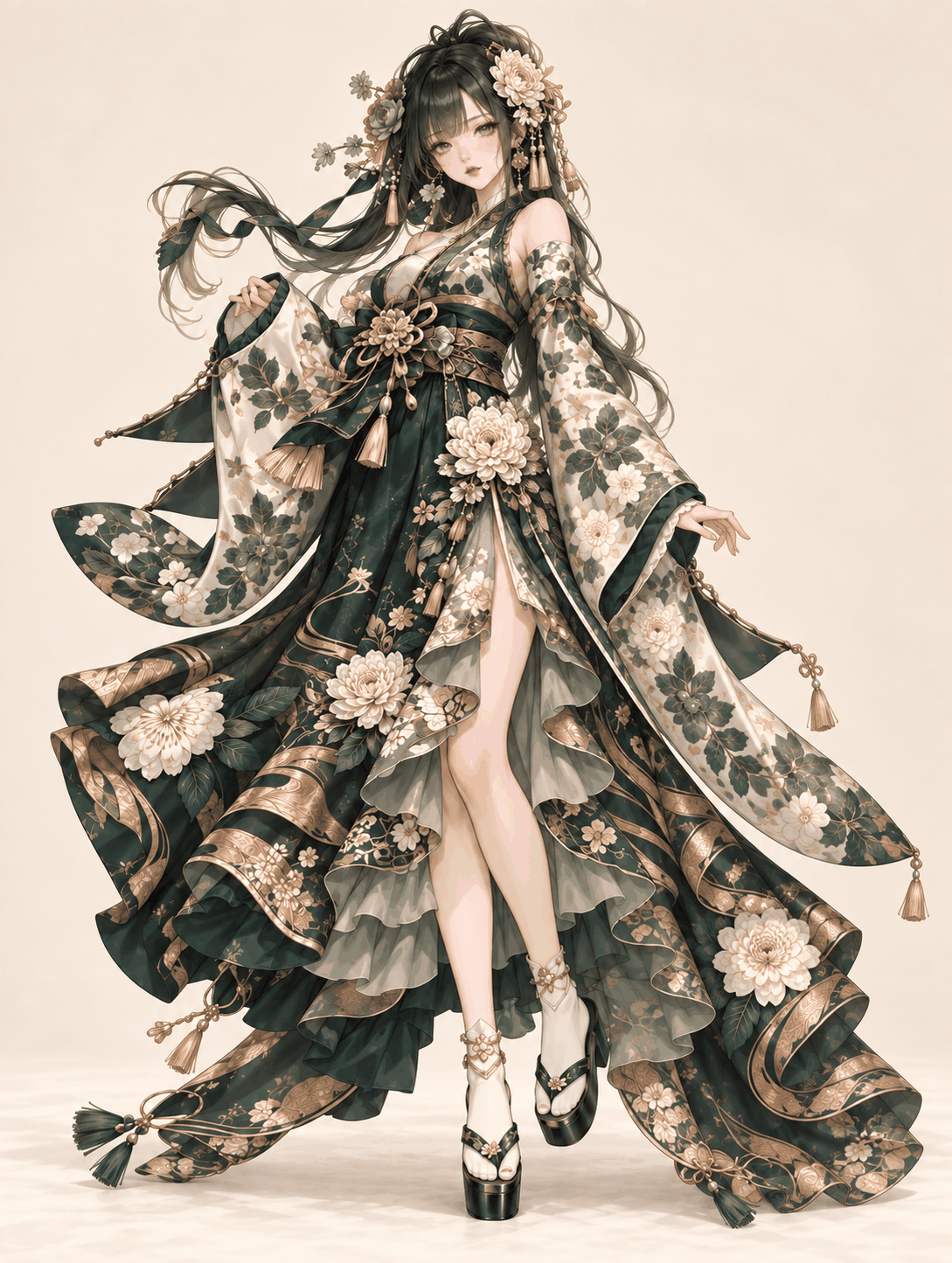 翡翠と白菊の揺れ袖着物ドレスの着用例