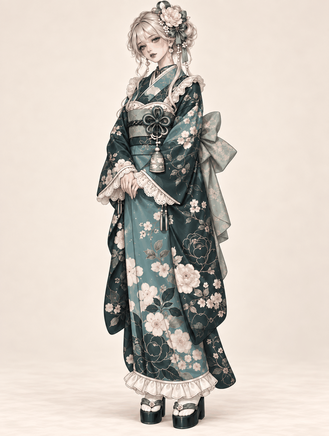 青磁白花のレースフリル着物の着用例