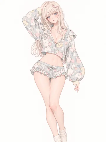 淡青アニマル柄のフリルラウンジのサンプルイラスト