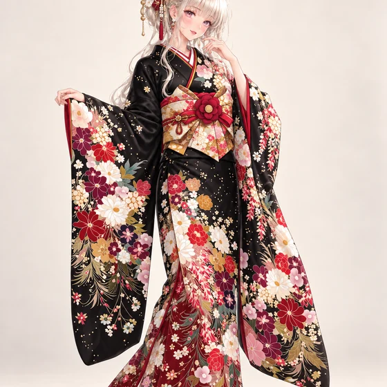黒地と葡萄紅の花尽くし振袖の着用例