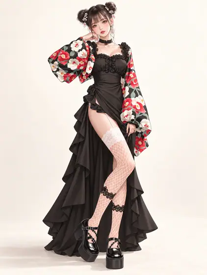 黒椿袖のハイロードレスの着用例
