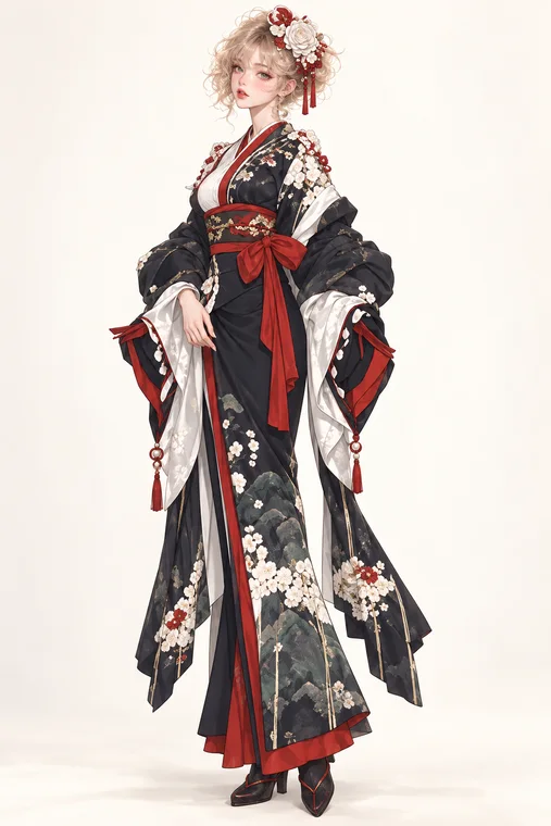 黒紅白花の宮廷和装の着用例