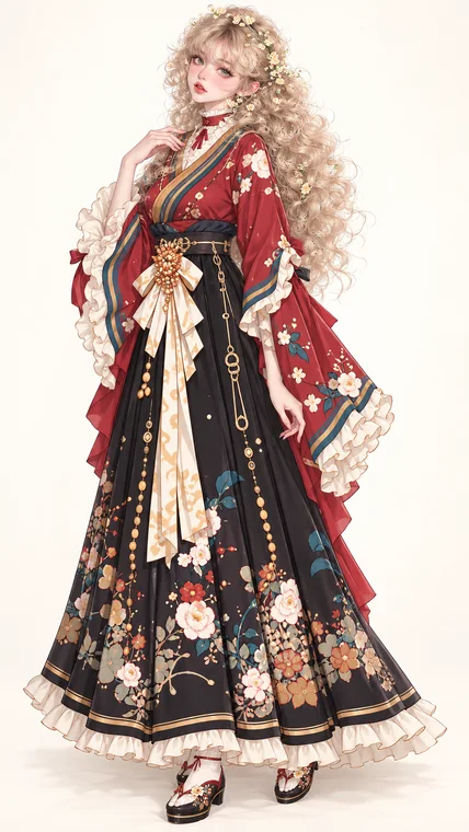 黒紅花宴の着物ロリータの着用例