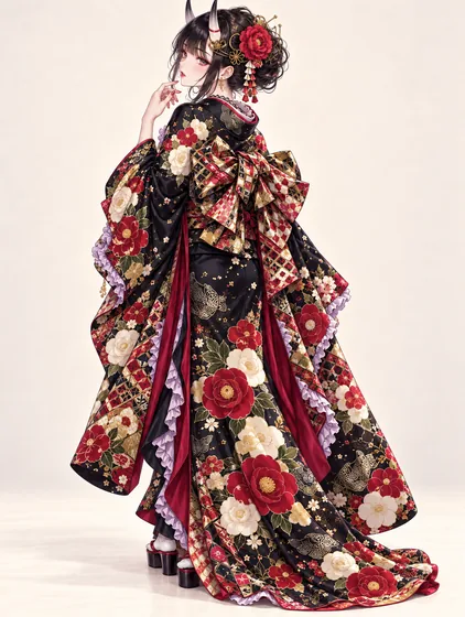 黒紅鬼角の金襴着物の着用例