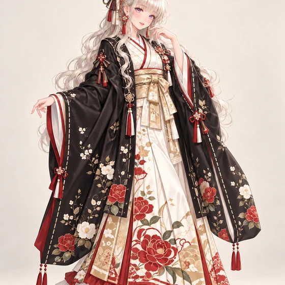 黒羽織と紅薔薇の白ドレスの着用例