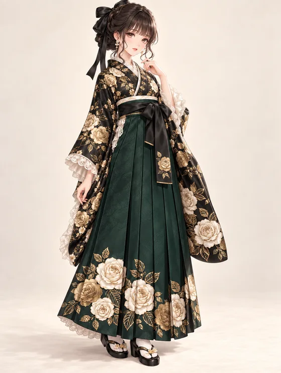 黒金薔薇と深緑の袴の着用例