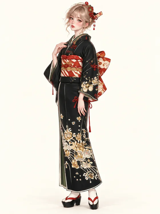 黒金花霞の振袖の着用例
