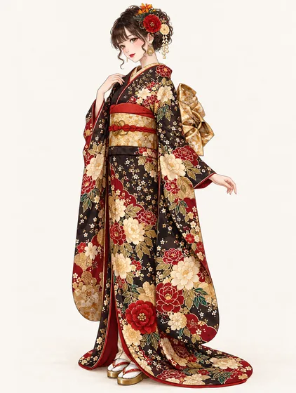 黒金牡丹の振袖の着用例