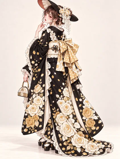 黒金薔薇の魔女着物の着用例