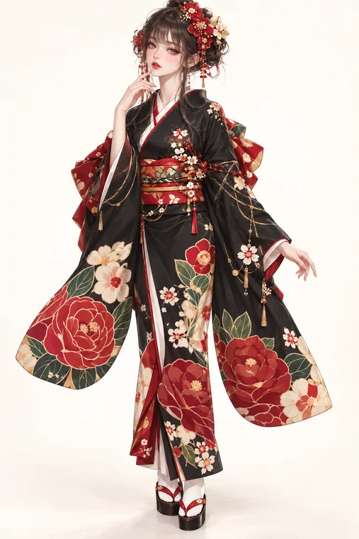 黒地大輪薔薇の振袖の着用例
