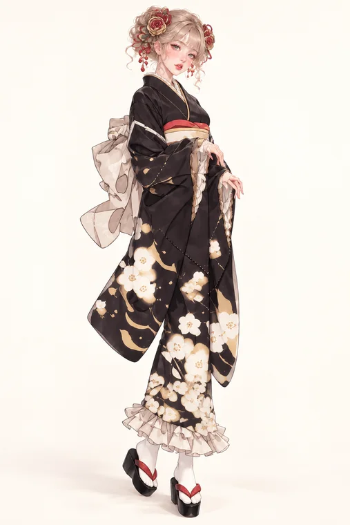 黒白花霞の着物ドレスの着用例