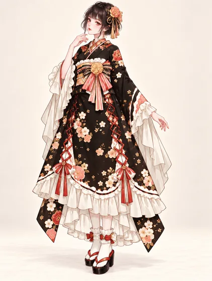 黒象牙桜のフリル着物の着用例