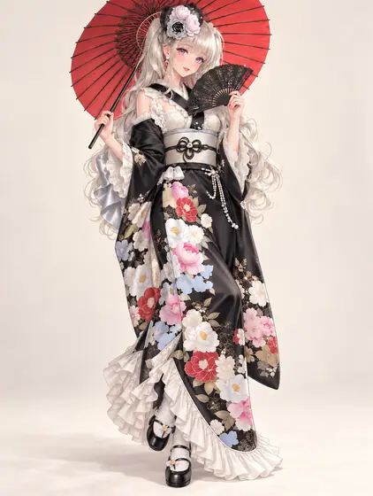 黒花絵のラッフルキモノガウンの着用例