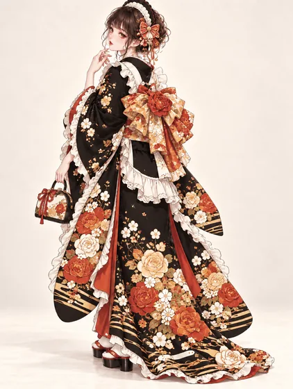 黒橙薔薇のメイド振袖の着用例