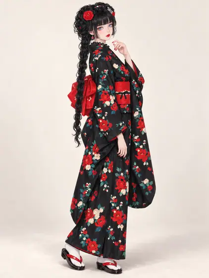 黒椿の紅帯クラシック着物の着用例