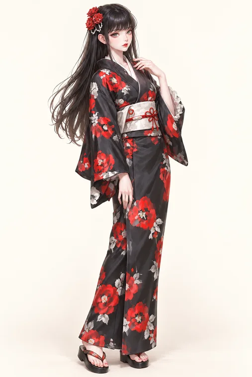黒地紅薔薇の月夜着物の着用例