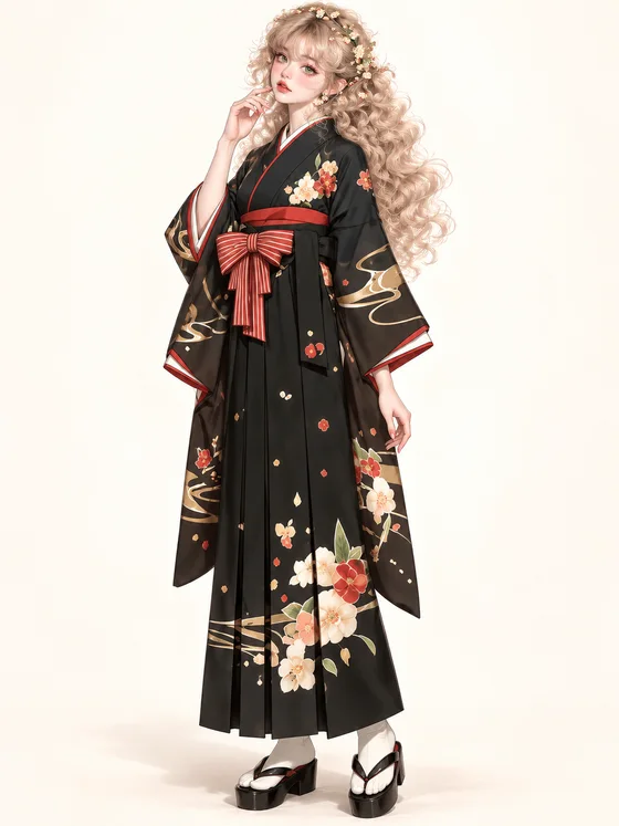 黒花と赤リボンの袴の着用例