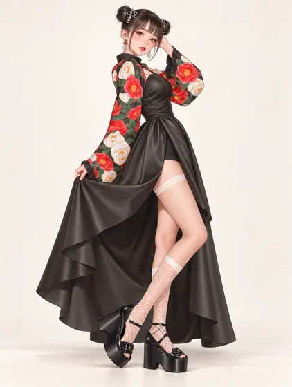 黒薔薇羽織のサテンガウンの着用例