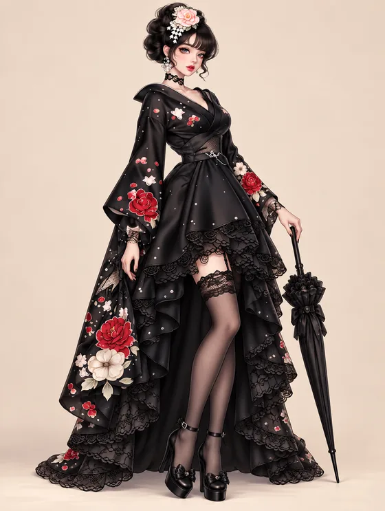 黒薔薇の日傘レースドレスの着用例