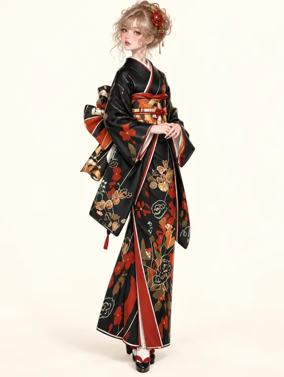 黒朱金彩の花振袖の着用例