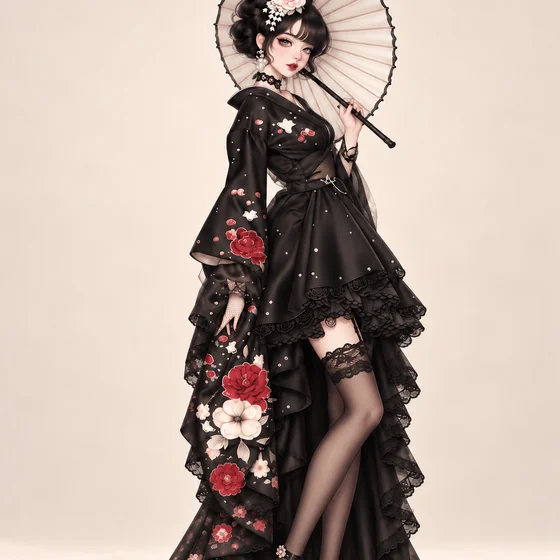 黒薔薇と和傘のレイヤード着物ドレスの着用例