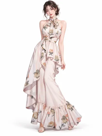 薄桃フローラルのホルターカスケードの着用例