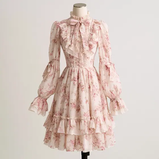 淡薔薇シフォンのティアードドレスの着用例