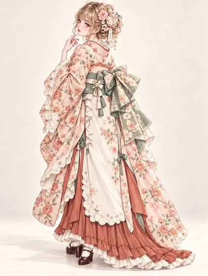 薄桃セージ薔薇の着物ドレスの着用例