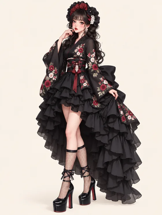 葡萄色の黒ラッフルキモノの着用例