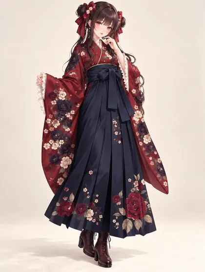 深紅薔薇と夜紺の袴の着用例