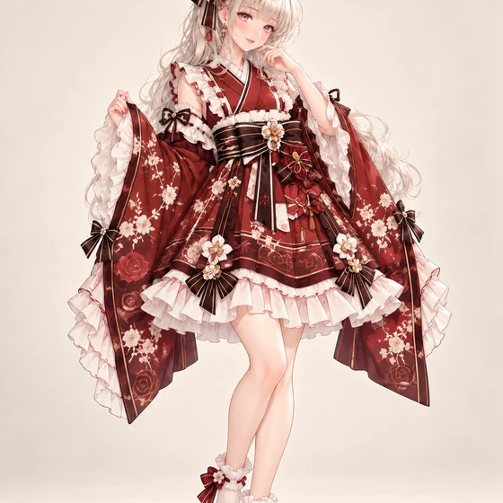 葡萄紅と白薔薇のミニ着物の着用例