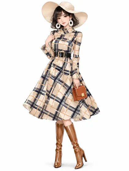 キャメルチェックのクラシックミディの着用例