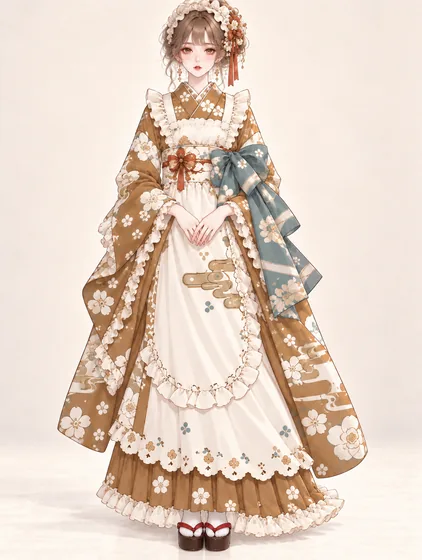 キャラメル象牙のメイド着物の着用例