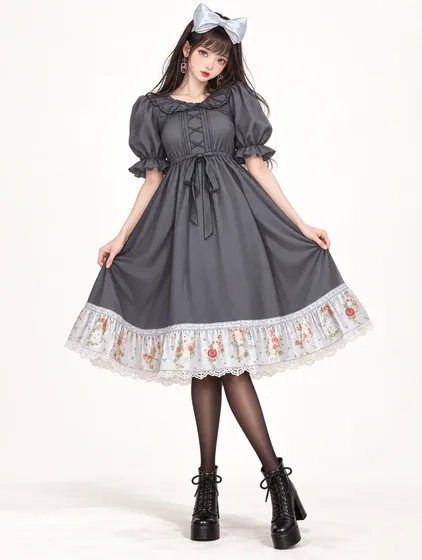 薔薇裾のチャコールドールドレスの着用例