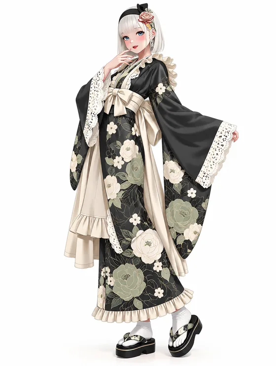 墨黒とセージ薔薇のリボン着物の着用例