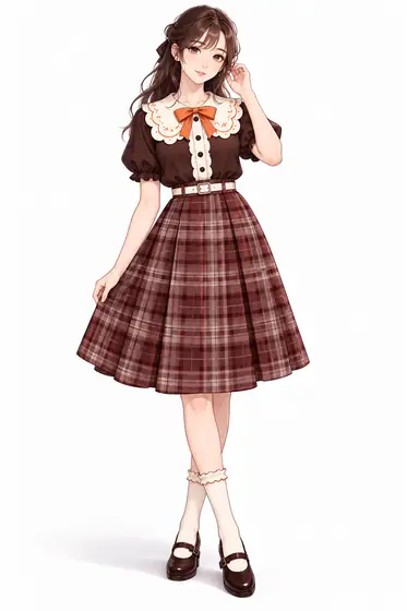 ココアチェックのスカラップドレスの着用例