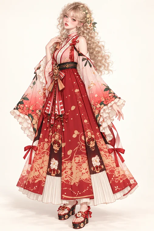 珊瑚紅花の着物ロリータの着用例