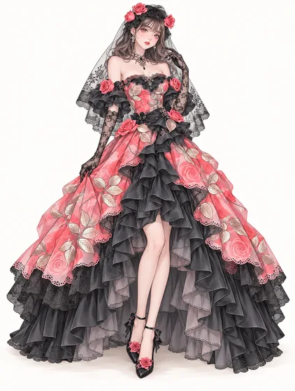 珊瑚薔薇と黒レースのゴシックドレスの着用例