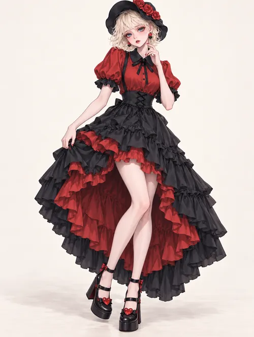 深紅薔薇ベレーの黒フリルドレスの着用例