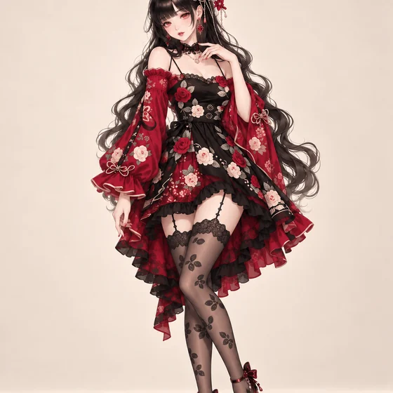 紅薔薇と黒レースのチャイナドレスの着用例
