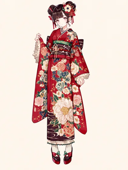 深紅花の袂着物の着用例