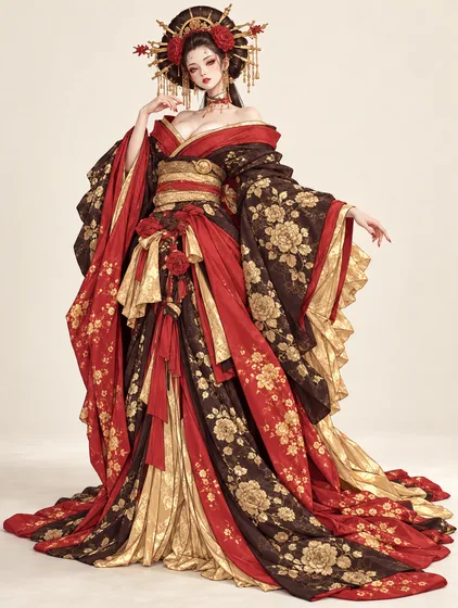 紅金の花魁レイヤードキモノの着用例