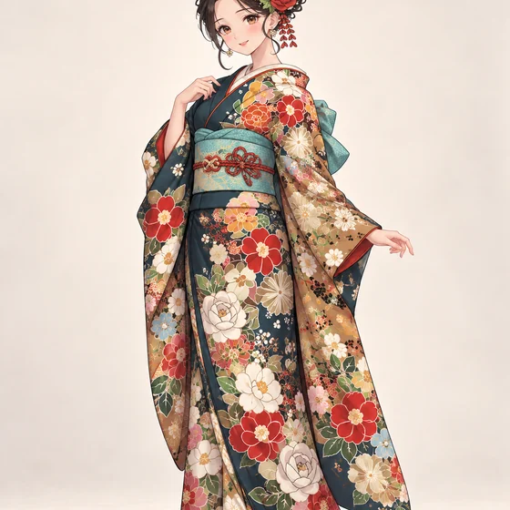 深藍と紅椿の花尽くし振袖の着用例