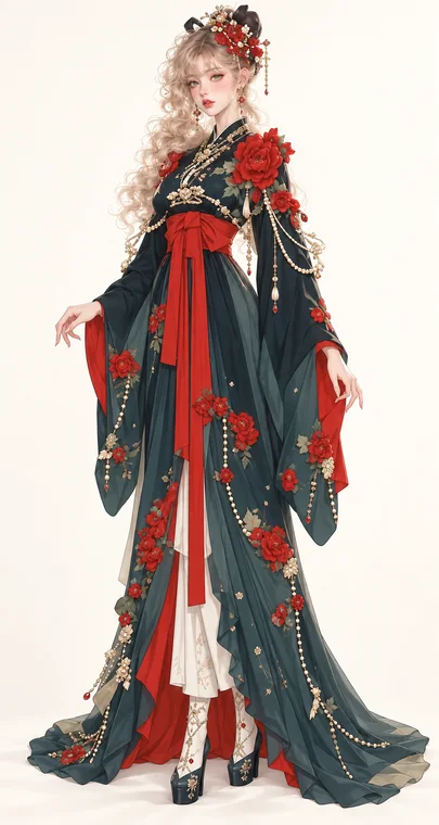 深青緑と紅薔薇の宮廷和装の着用例