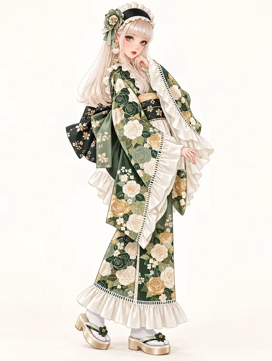 深緑と金薔薇のフリル着物の着用例
