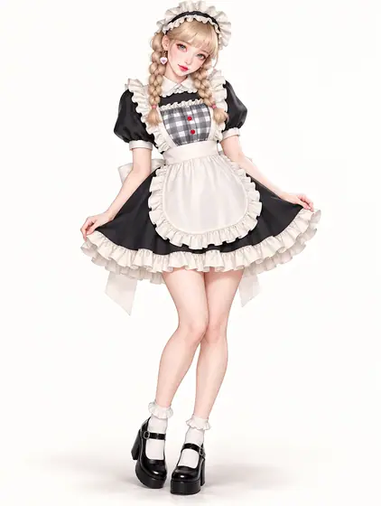 赤釦ギンガムのカフェメイドの着用例