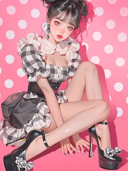 ギンガムラッフルのピンナップドレスの着用例