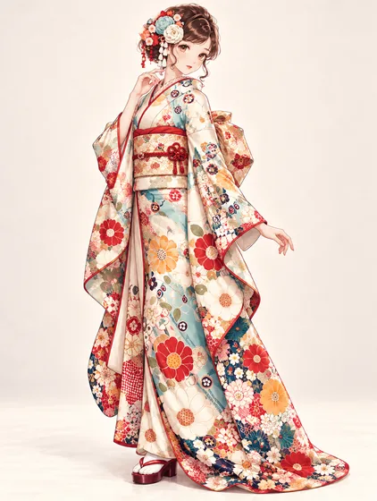 白藍コラージュ花の振袖の着用例
